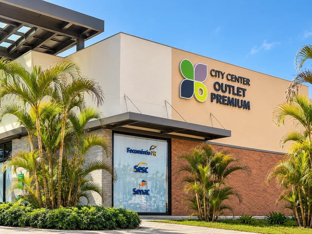Fachada do City Center Outlet Premium, em composição editorial baseada no acervo do empreendimento